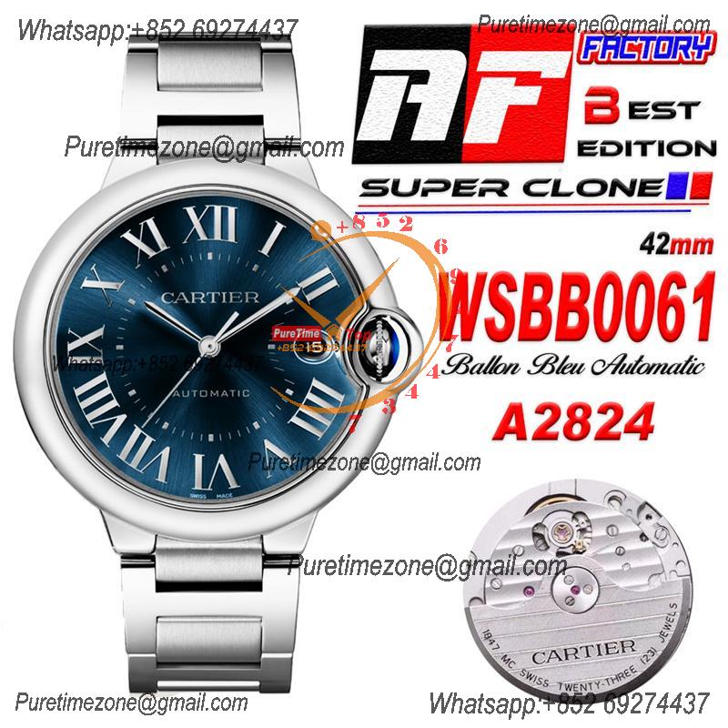 Ballon Bleu WSBB0061 42mm A2824 Automatic Mens Watch Best Edition AF Blue Roman Dial Stainless Steel Bracelet