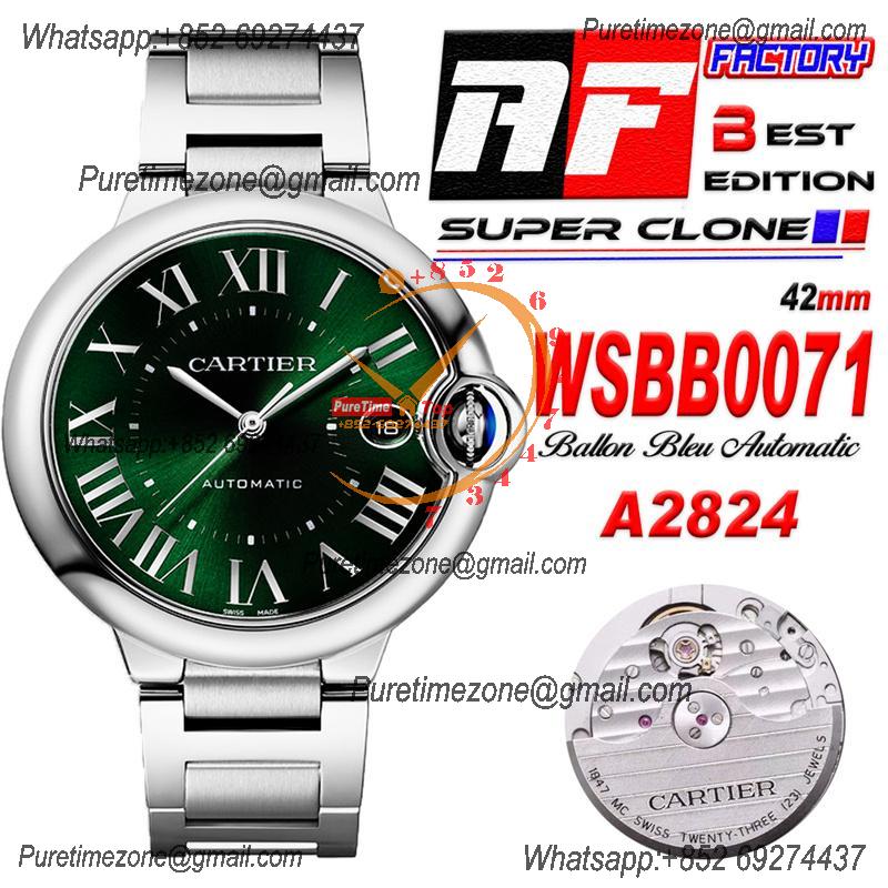 Ballon Bleu WSBB0071 42mm A2824 Automatic Mens Watch Best Edition AF Green Roman Dial Stainless Steel Bracelet