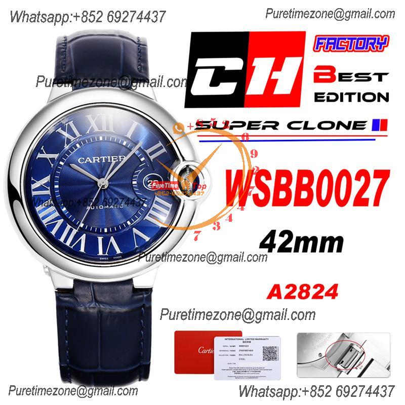 Ballon Bleu WSBB0027 42mm A2824 Automatic Mens Watch Best Edition CHF Blue Dial Leather Strap CHS