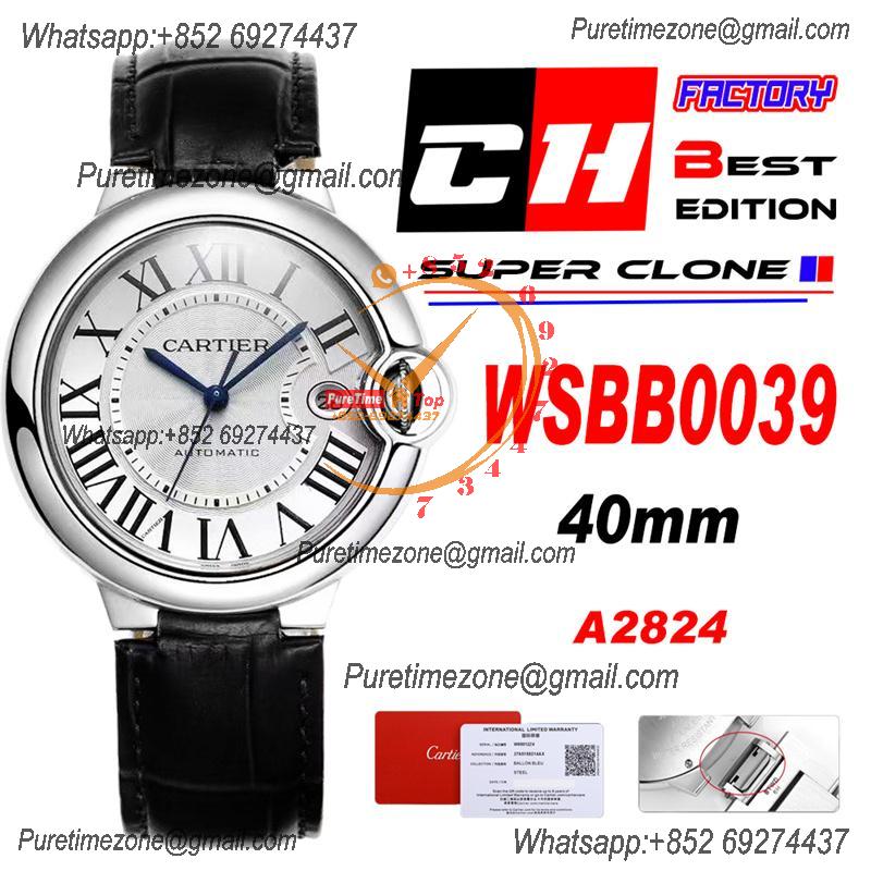 Ballon Bleu WSBB0039 40mm A2824 Automatic Mens Watch Best Edition CHF Silver Dial Leather Strap CHS