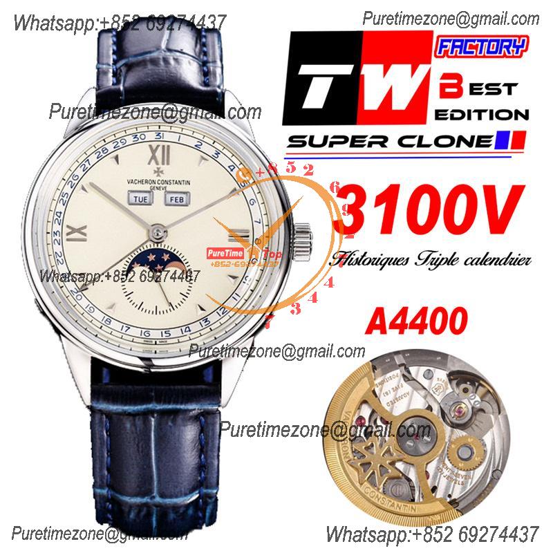 Historiques Triple Calendrier 3100V A4400 Automatic Mens Watch Best Edition Moon Phase TWF  40 SS White Dial Leahter CHS