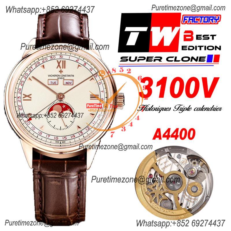 Historiques Triple Calendrier 3100V A4400 Automatic Mens Watch Best Edition Moon Phase TWF  40 RG White Dial Leahter CHS