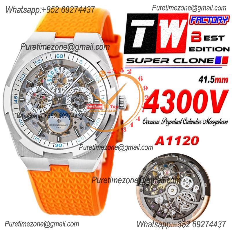 Overseas Perpetual Calendar Moonphase 4300V A1120 Automatic Mens Watch Best Edition TWF SS Skeleton Dial Orange Rubber