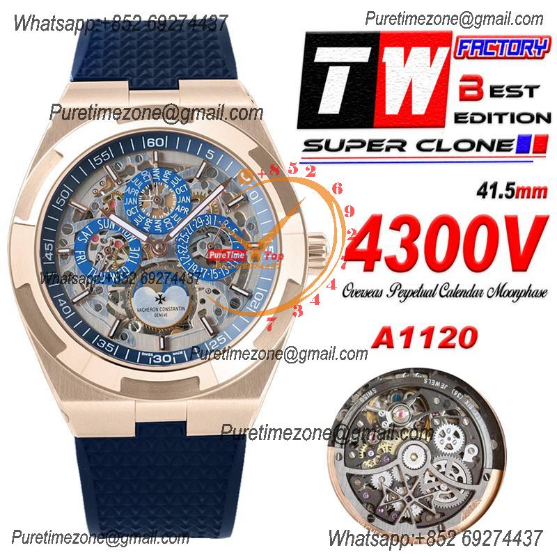 Overseas Perpetual Calendar Moonphase 4300V A1120 Automatic Mens Watch Best Edition TWF RG Skeleton Dial Blue Rubber