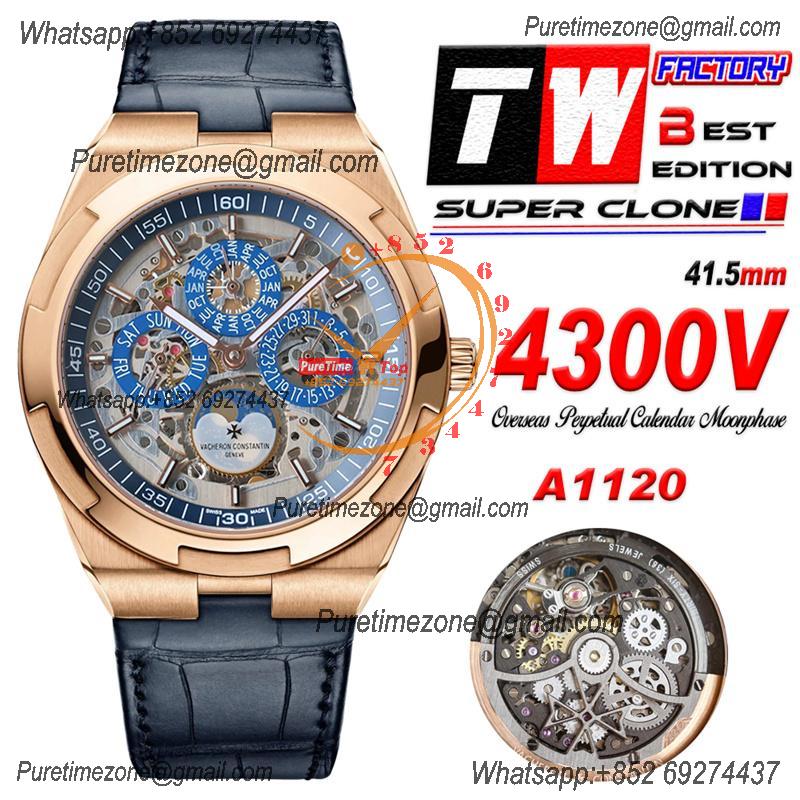 Overseas Perpetual Calendar Moonphase 4300V A1120 Automatic Mens Watch Best Edition TWF RG Skeleton Dial Blue Leather