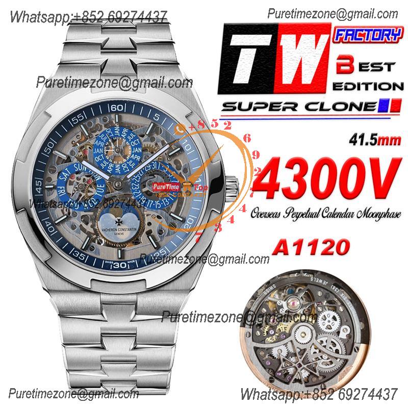 Overseas Perpetual Calendar Moonphase 4300V A1120 Automatic Mens Watch Best Edition TWF Blue Skeleton Dial SS Bracelet