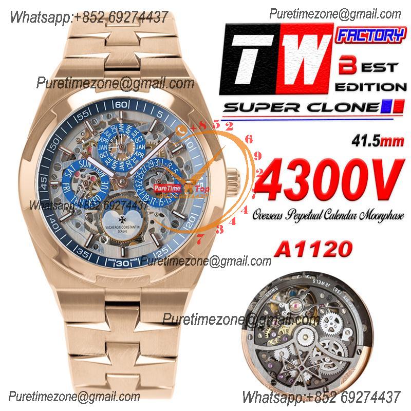 Overseas Perpetual Calendar Moonphase 4300V A1120 Automatic Mens Watch Best Edition TWF Blue Skeleton Dial RG Bracelet