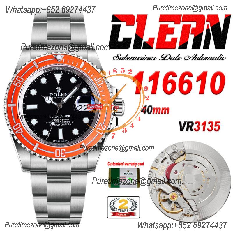 Submariner 116610LN VR3135 Automatic Mens Watch Best Edition Clean Orange Fiber Bezel Black Dial 904L SS Bracelet CHS