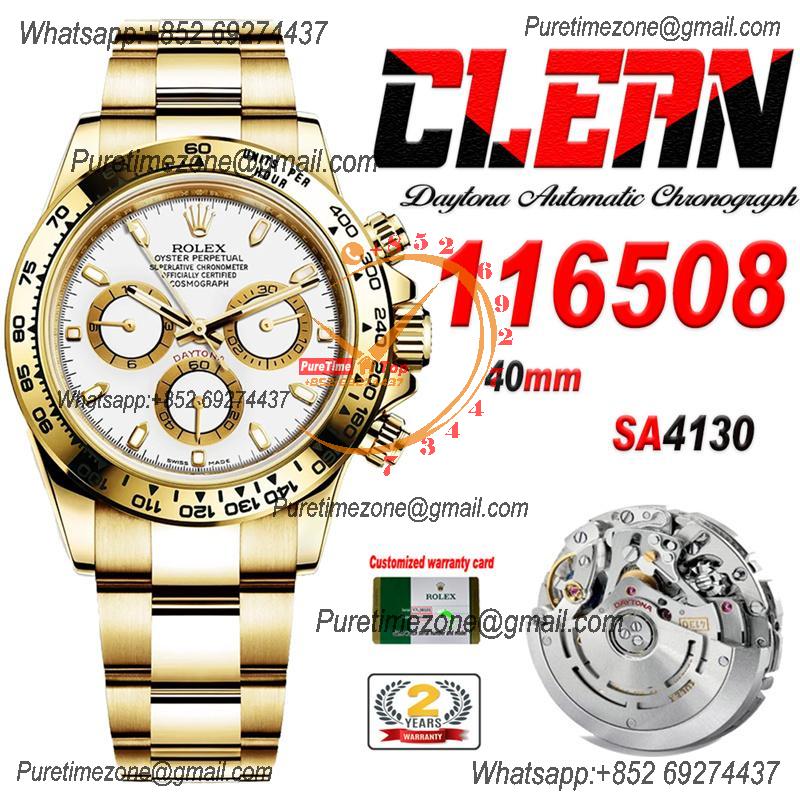 Daytona 116508 SA4130 Automatic Chronograph Mens Watch Best Edition CLEAN V3 YG White Stick Dial 904L Steel Bracelet CHS