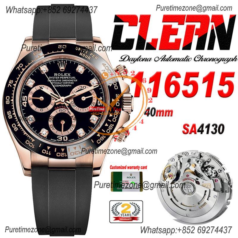 Daytona 116515 SA4130 Automatic Chronograph Mens Watch Best Edition CLEAN V3 RG Black Diamond Dial Oysterflex Rubber CHS