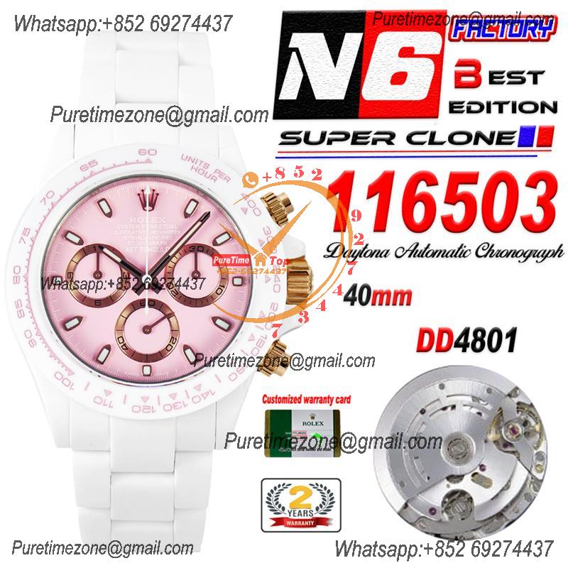 Daytona AET DD4801 Automatic Chronograph Mens Watch Best Edition N6F 1:1 White Solid Ceramic Case And Bracelet Pink Dial