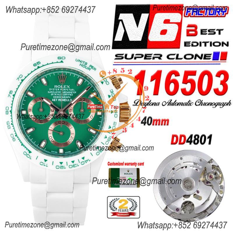 Daytona AET DD4801 Automatic Chronograph Mens Watch Best Edition N6F White Solid Ceramic Case And Bracelet  Green Dial