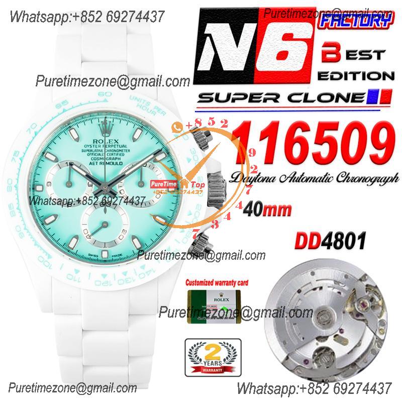 Daytona AET DD4801 Automatic Chronograph Mens Watch Best Edition N6F White Solid Ceramic Case And Bracelet  Green Dial