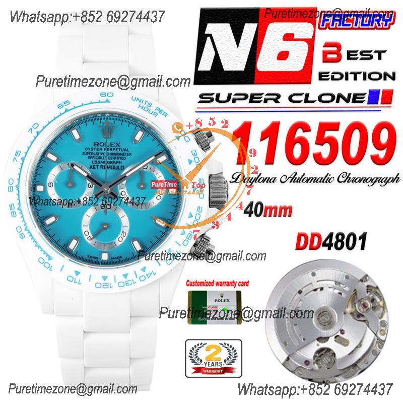 Daytona AET DD4801 Automatic Chronograph Mens Watch Best Edition N6F White Solid Ceramic Case And Bracelet  Blue Dial