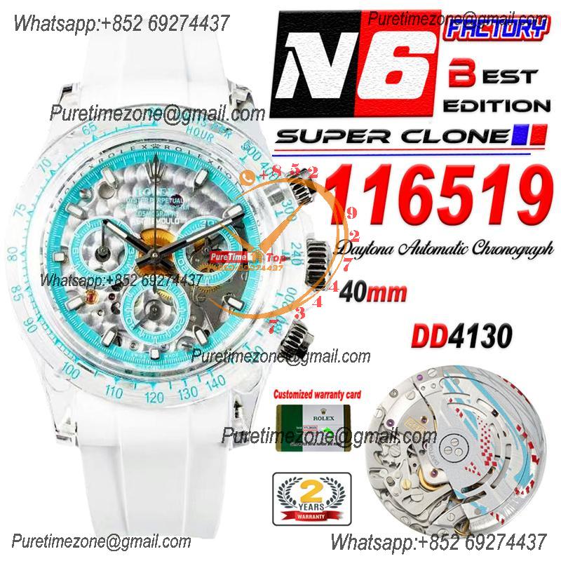 Daytona Transparent SA4130 Automatic Chronograph Mens Watch Best Edition N6F Transparent/Blue Dial White Rubber Strap CH