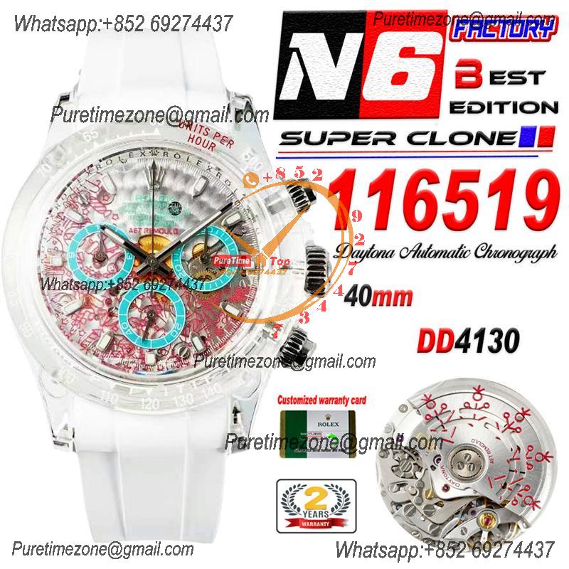 Daytona Transparent SA4130 Automatic Chronograph Mens Watch Best Edition N6F Transparent/Red Dial White Rubber Strap CHS