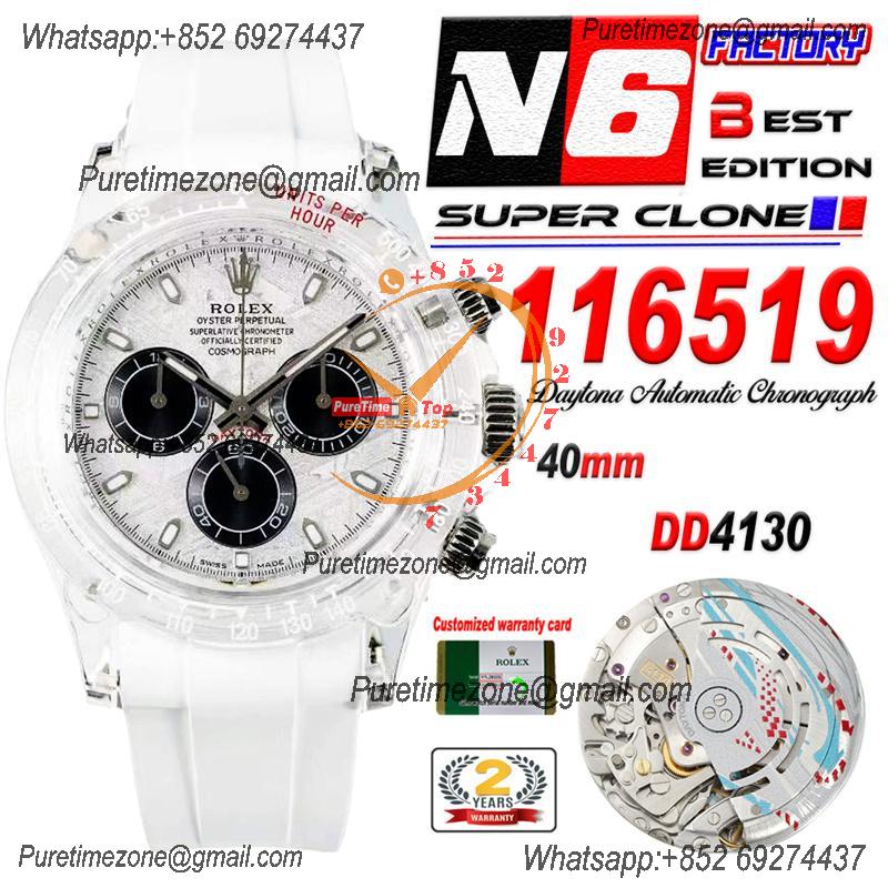 Daytona Transparent SA4130 Automatic Chronograph Mens Watch Best Edition N6F Meteorites Dial White Rubber Strap CHS