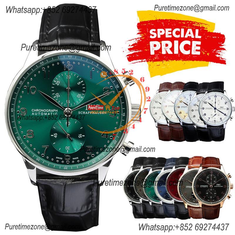 Special Prices Portugieser Japan Quartz Chronograph Mens Watch 40mm Steel Case Green Dial Leather Strap CHS