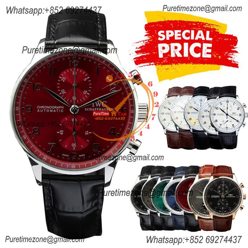 Special Prices Portugieser Japan Quartz Chronograph Mens Watch 40mm Steel Case Red Dial Leather Strap CHS