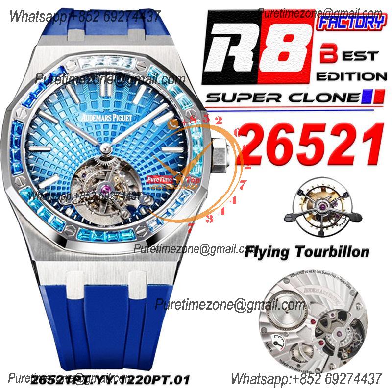 Royal Oak 26521 Extra Thin Automatic Tourbillon Mens Watch Best Edition R8F 42mm Diamond Bezel Blue Dial Rubber Strap