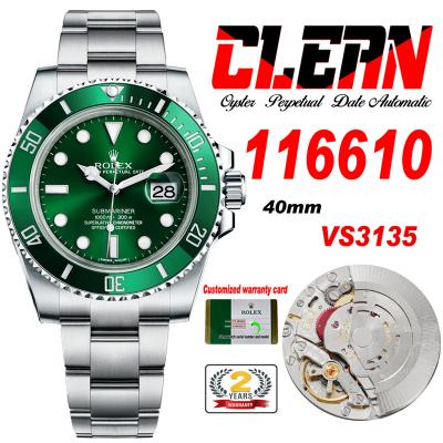 Submariner 116610LV VR3135 Automatic Mens Watch Best Edition Clean Ceramics Bezel Green Dial 904L SS Bracelet