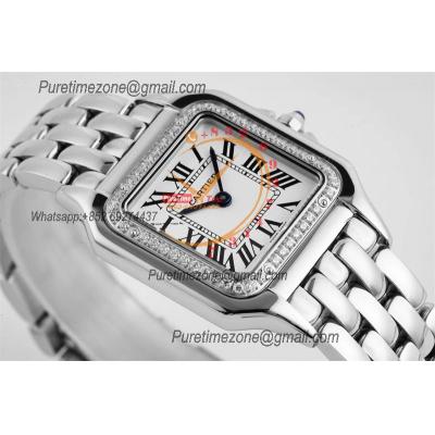 Panthère Medium Model W4PN0008 Ronda Quartz Womens Watch Best Edition AF 27 Diamond Bezel White Dial SS Bracelet Ladies