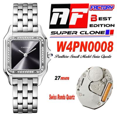 Panthère Medium Model W4PN0008 Ronda Quartz Womens Watch Best Edition AF 27 Diamond Bezel Gray Dial SS Bracelet Ladies