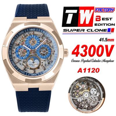 Overseas Perpetual Calendar Moonphase 4300V A1120 Automatic Mens Watch Best Edition TWF RG Skeleton Dial Blue Rubber