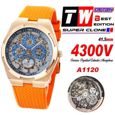 Overseas Perpetual Calendar Moonphase 4300V A1120 Automatic Mens Watch Best Edition TWF RG Skeleton Dial Orange Rubber