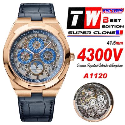 Overseas Perpetual Calendar Moonphase 4300V A1120 Automatic Mens Watch Best Edition TWF RG Skeleton Dial Blue Leather