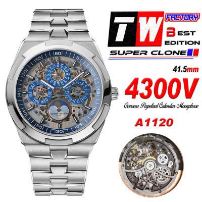 Overseas Perpetual Calendar Moonphase 4300V A1120 Automatic Mens Watch Best Edition TWF Blue Skeleton Dial SS Bracelet