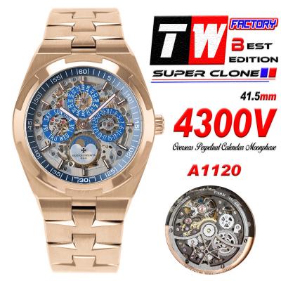 Overseas Perpetual Calendar Moonphase 4300V A1120 Automatic Mens Watch Best Edition TWF Blue Skeleton Dial RG Bracelet