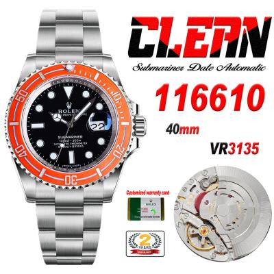 Submariner 116610LN VR3135 Automatic Mens Watch Best Edition Clean Orange Fiber Bezel Black Dial 904L SS Bracelet CHS