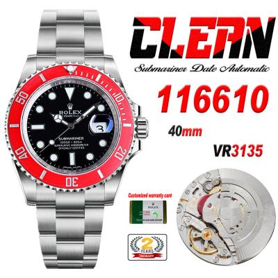 Submariner 116610LN VR3135 Automatic Mens Watch Best Edition Clean Red Fiber Bezel Black Dial 904L SS Bracelet CHS