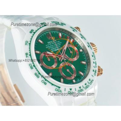 Daytona AET DD4801 Automatic Chronograph Mens Watch Best Edition N6F White Solid Ceramic Case And Bracelet  Green Dial