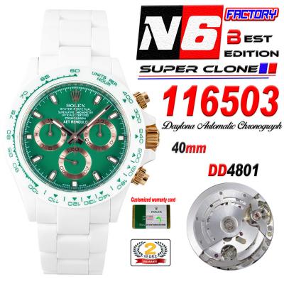 Daytona AET DD4801 Automatic Chronograph Mens Watch Best Edition N6F White Solid Ceramic Case And Bracelet  Green Dial