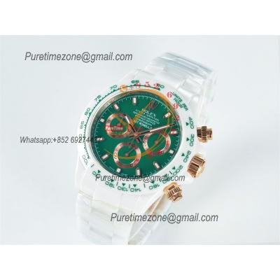 Daytona AET DD4801 Automatic Chronograph Mens Watch Best Edition N6F White Solid Ceramic Case And Bracelet  Green Dial