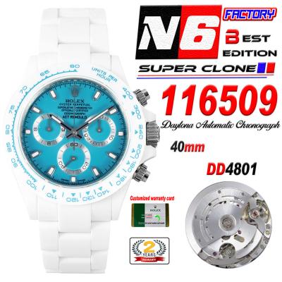 Daytona AET DD4801 Automatic Chronograph Mens Watch Best Edition N6F White Solid Ceramic Case And Bracelet  Blue Dial