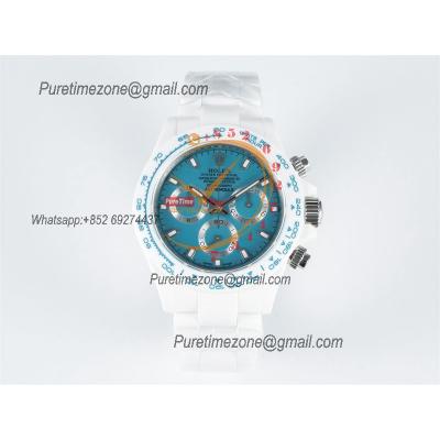 Daytona AET DD4801 Automatic Chronograph Mens Watch Best Edition N6F White Solid Ceramic Case And Bracelet  Blue Dial