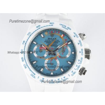 Daytona AET DD4801 Automatic Chronograph Mens Watch Best Edition N6F White Solid Ceramic Case And Bracelet  Blue Dial