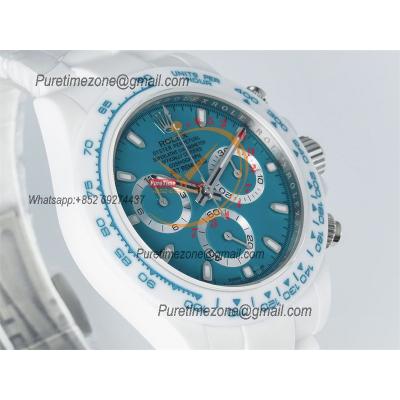 Daytona AET DD4801 Automatic Chronograph Mens Watch Best Edition N6F White Solid Ceramic Case And Bracelet  Blue Dial