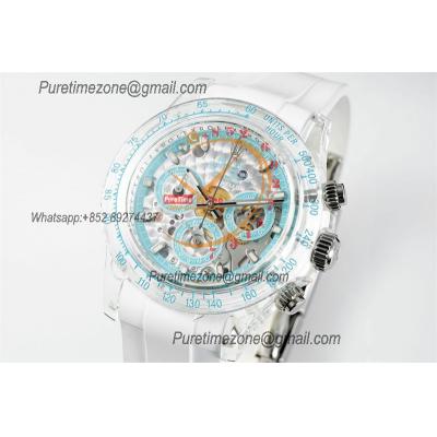 Daytona Transparent SA4130 Automatic Chronograph Mens Watch Best Edition N6F Transparent/Blue Dial White Rubber Strap CH