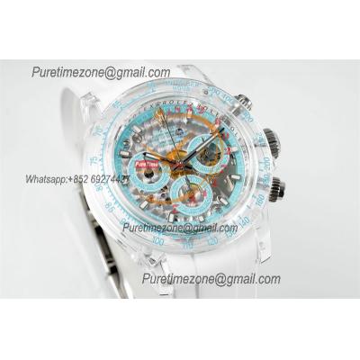 Daytona Transparent SA4130 Automatic Chronograph Mens Watch Best Edition N6F Transparent/Blue Dial White Rubber Strap CH