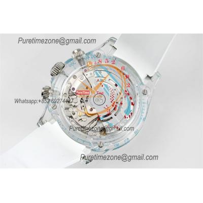 Daytona Transparent SA4130 Automatic Chronograph Mens Watch Best Edition N6F Transparent/Blue Dial White Rubber Strap CH