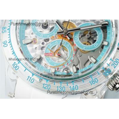 Daytona Transparent SA4130 Automatic Chronograph Mens Watch Best Edition N6F Transparent/Blue Dial White Rubber Strap CH