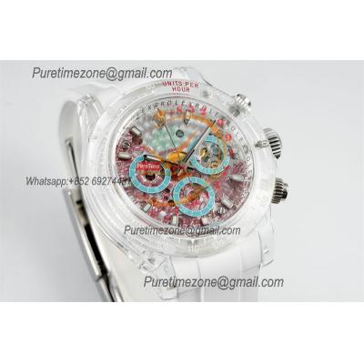 Daytona Transparent SA4130 Automatic Chronograph Mens Watch Best Edition N6F Transparent/Red Dial White Rubber Strap CHS