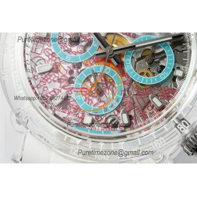 Daytona Transparent SA4130 Automatic Chronograph Mens Watch Best Edition N6F Transparent/Red Dial White Rubber Strap CHS