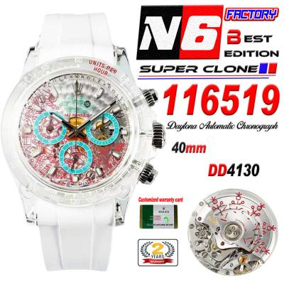 Daytona Transparent SA4130 Automatic Chronograph Mens Watch Best Edition N6F Transparent/Red Dial White Rubber Strap CHS