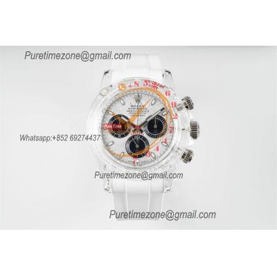 Daytona Transparent SA4130 Automatic Chronograph Mens Watch Best Edition N6F Meteorites Dial White Rubber Strap CHS