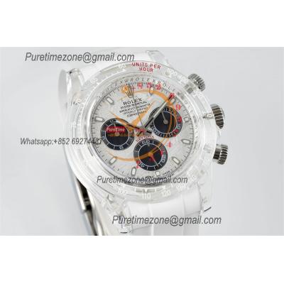 Daytona Transparent SA4130 Automatic Chronograph Mens Watch Best Edition N6F Meteorites Dial White Rubber Strap CHS